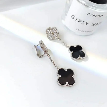 [⭐Maelin]CLOVER 2 MOTIFS  DIAMOND ONYX EARRINGS SILVER