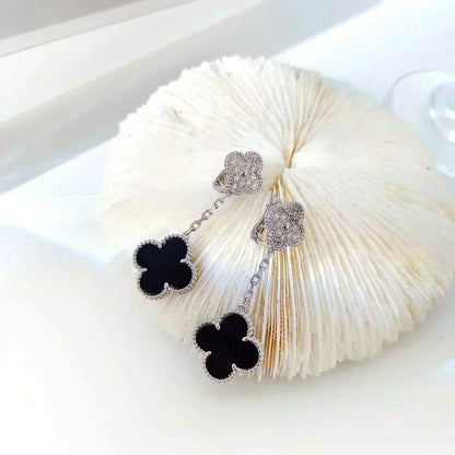 [⭐Maelin]CLOVER 2 MOTIFS  DIAMOND ONYX EARRINGS SILVER
