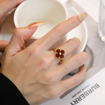 [⭐Maelin]CLOVER CARNELIAN RING ROSE GOLD DIAMOND