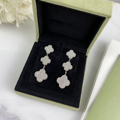[⭐Maelin]CLOVER 3 MOTIF DIAMOND SILVER DROP EARRINGS