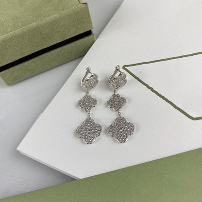 [⭐Maelin]CLOVER 3 MOTIF DIAMOND SILVER DROP EARRINGS