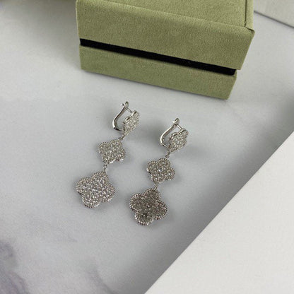 [⭐Maelin]CLOVER 3 MOTIF DIAMOND SILVER DROP EARRINGS