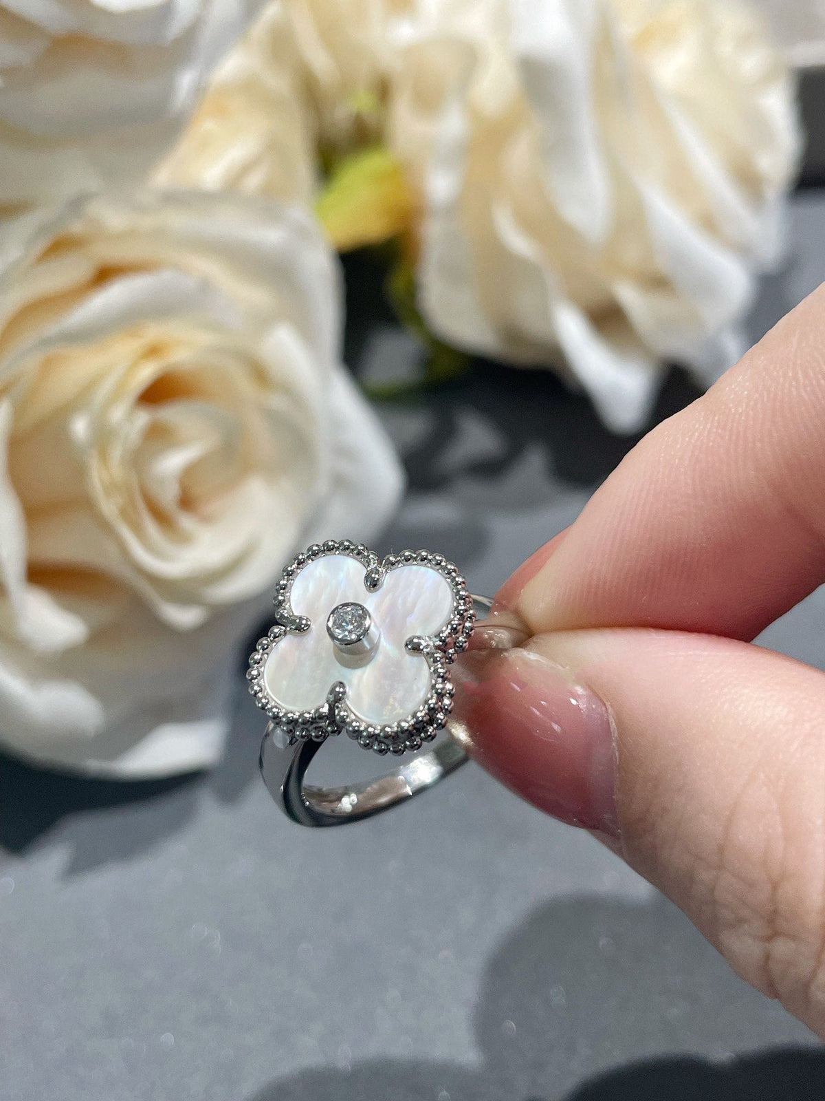 [⭐Maelin]CLOVER SILVER MOP DIAMOND RING