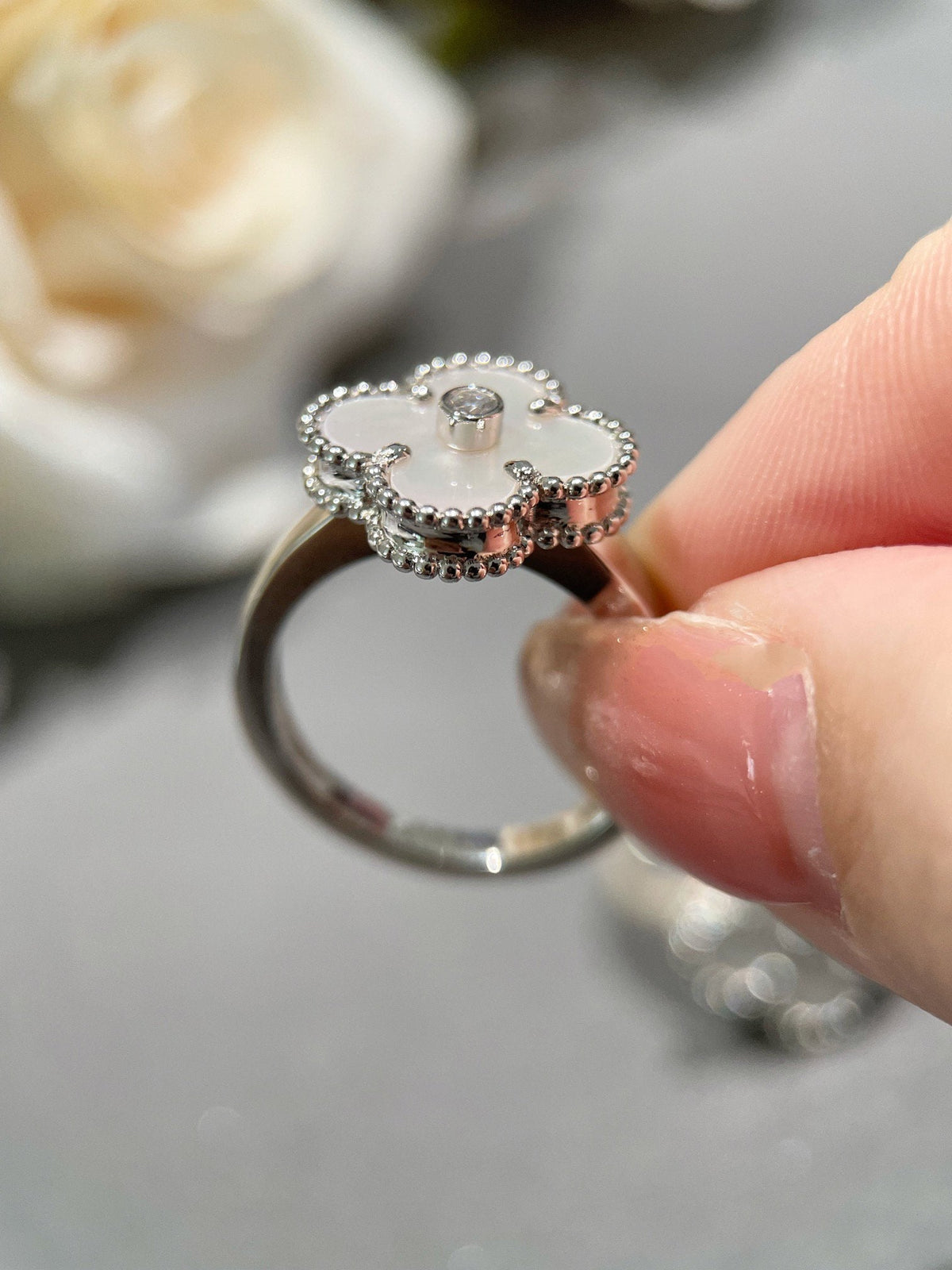 [⭐Maelin]CLOVER SILVER MOP DIAMOND RING