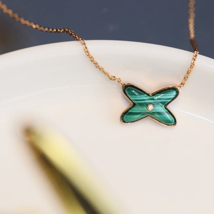 [⭐Maelin]JEUX MALACHITE 1 DIAMOND PINK GOLD NECKLACE