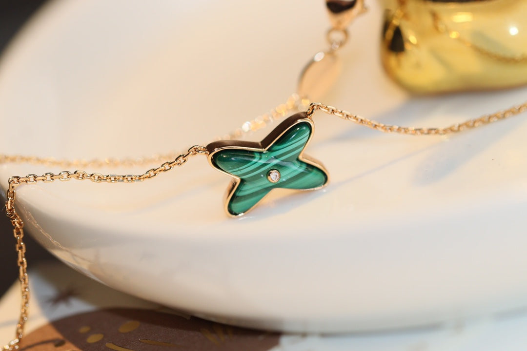 [⭐Maelin]JEUX MALACHITE 1 DIAMOND PINK GOLD NECKLACE