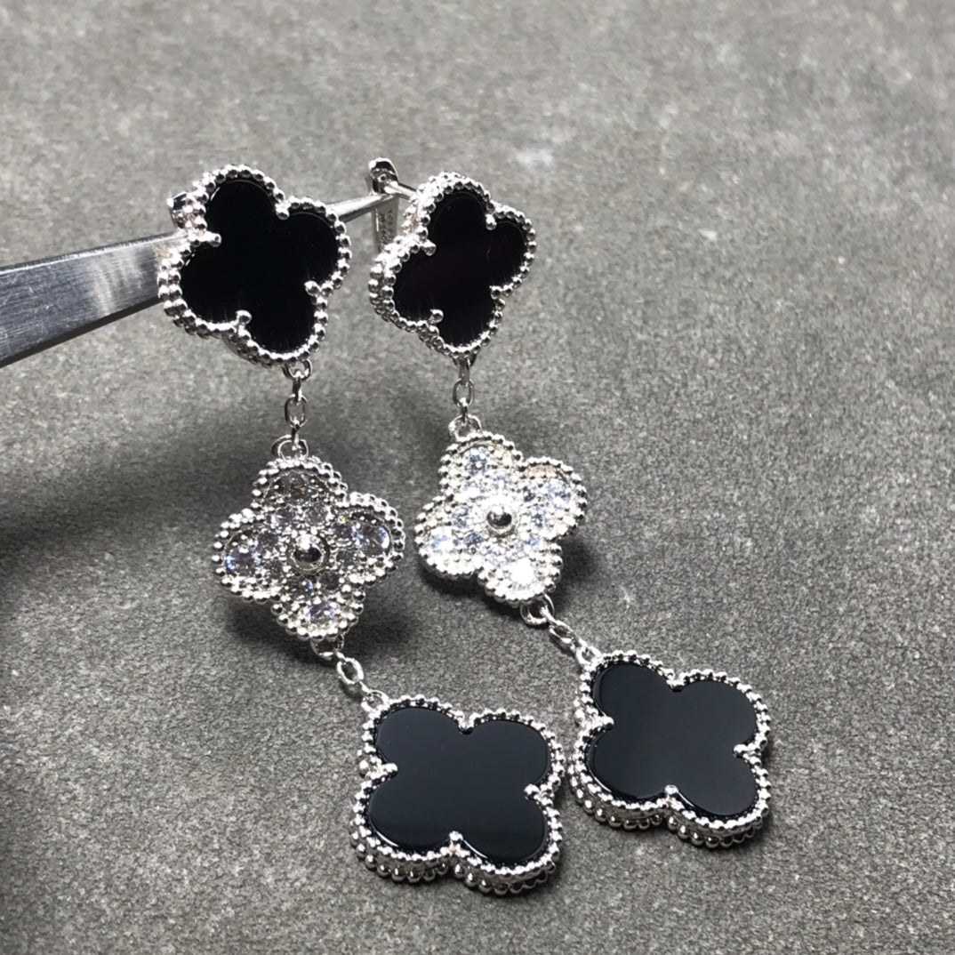 [⭐Maelin]CLOVER 3 MOTIF DIAMOND ONYX SILVER EARRINGS