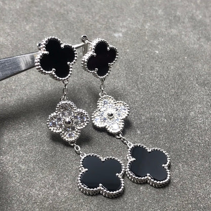 [⭐Maelin]CLOVER 3 MOTIF DIAMOND ONYX SILVER EARRINGS