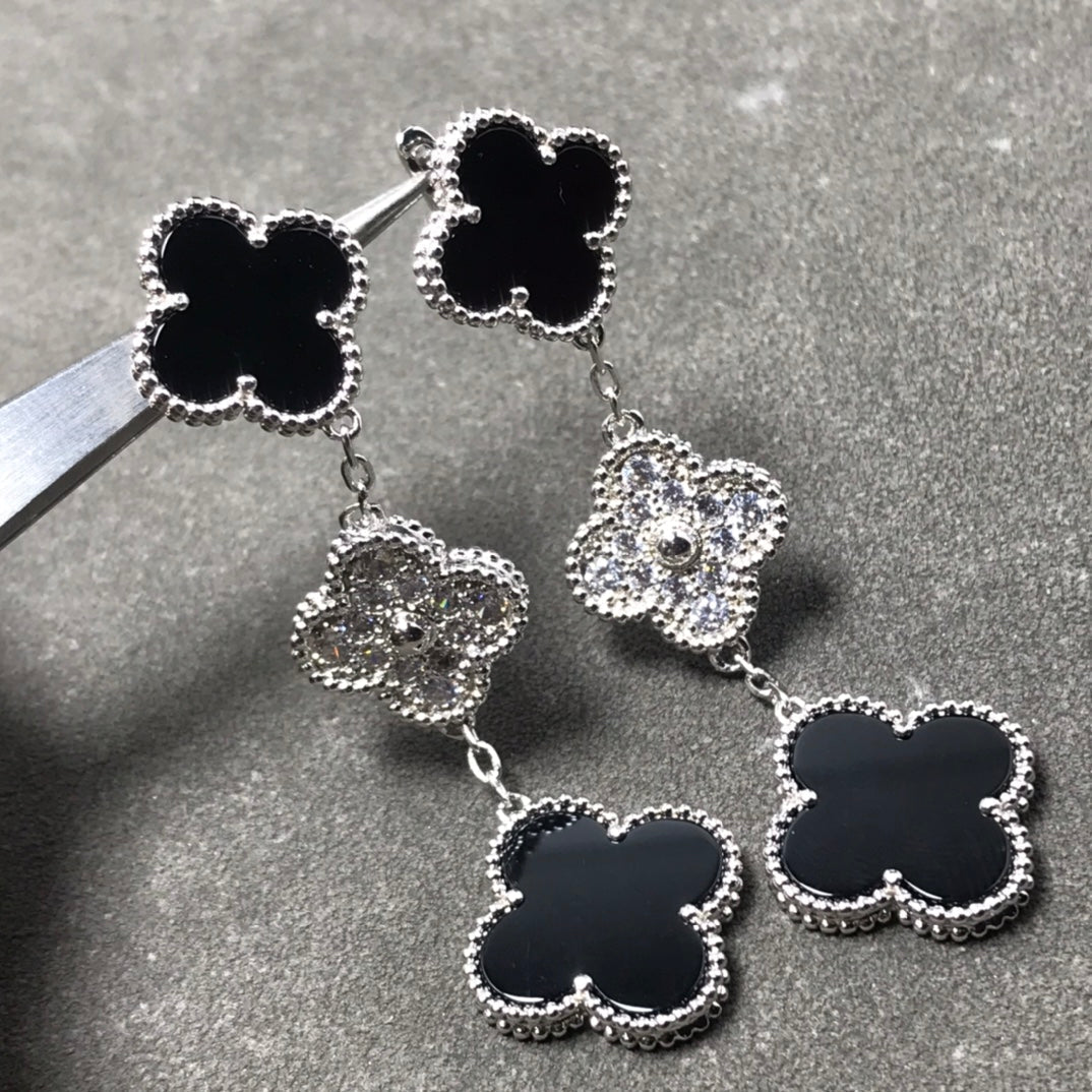 [⭐Maelin]CLOVER 3 MOTIF DIAMOND ONYX SILVER EARRINGS