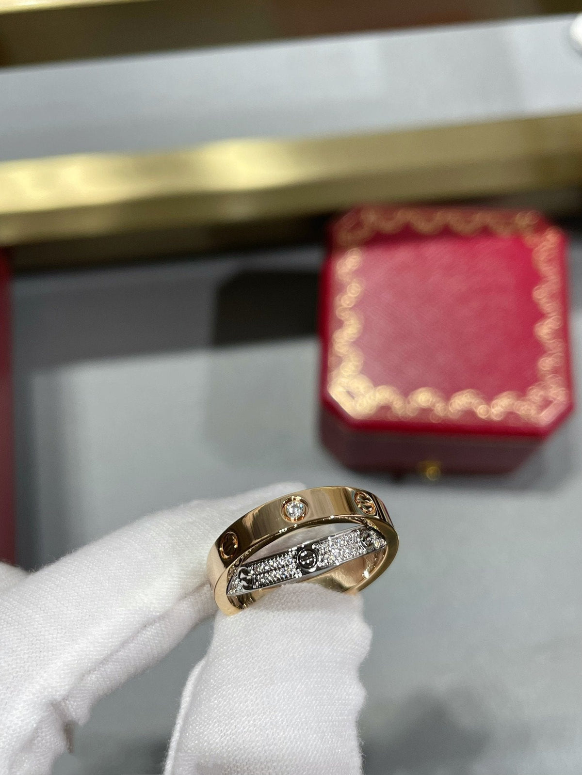 [⭐Maelin]LOVE PINK GOLD SILVER DIAMOND DOUBLE RING