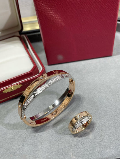[⭐Maelin]LOVE PINK GOLD SILVER DIAMOND DOUBLE RING