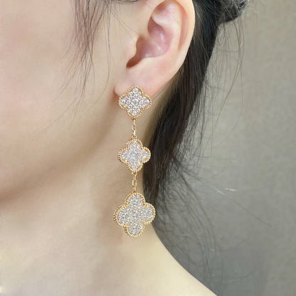 [⭐Maelin]CLOVER 3 MOTIFS DIAMOND PAVED ROSE GOLD EARRINGS