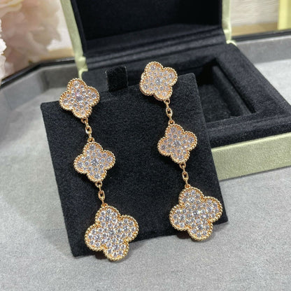 [⭐Maelin]CLOVER 3 MOTIFS DIAMOND PAVED ROSE GOLD EARRINGS