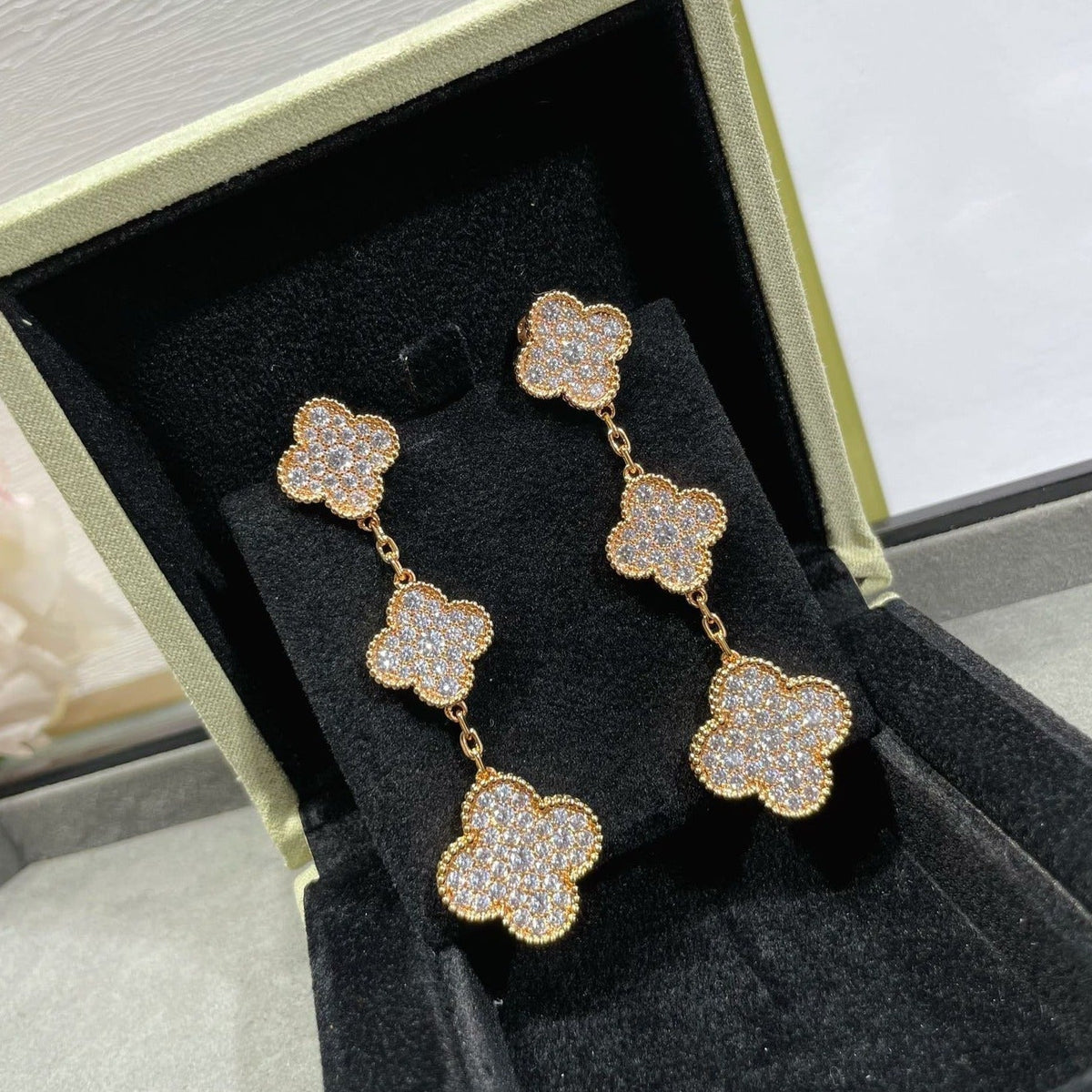 [⭐Maelin]CLOVER 3 MOTIFS DIAMOND PAVED ROSE GOLD EARRINGS