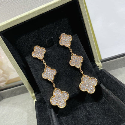 [⭐Maelin]CLOVER 3 MOTIFS DIAMOND PAVED ROSE GOLD EARRINGS