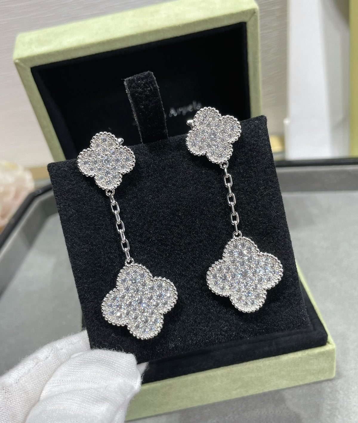 [⭐Maelin]CLOVER 2 MOTIFS DIAMOND PAVED SILVER EARRINGS
