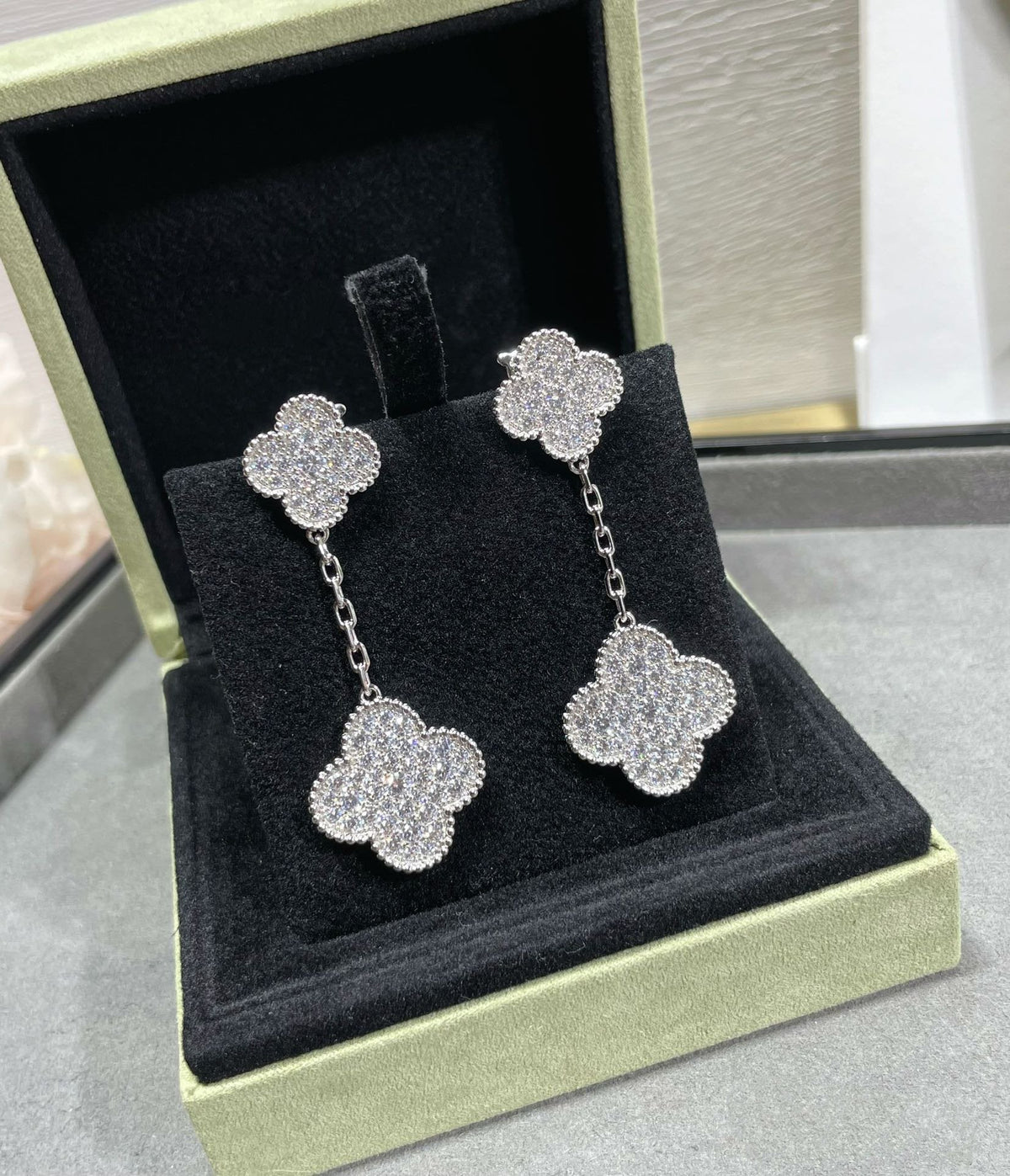 [⭐Maelin]CLOVER 2 MOTIFS DIAMOND PAVED SILVER EARRINGS