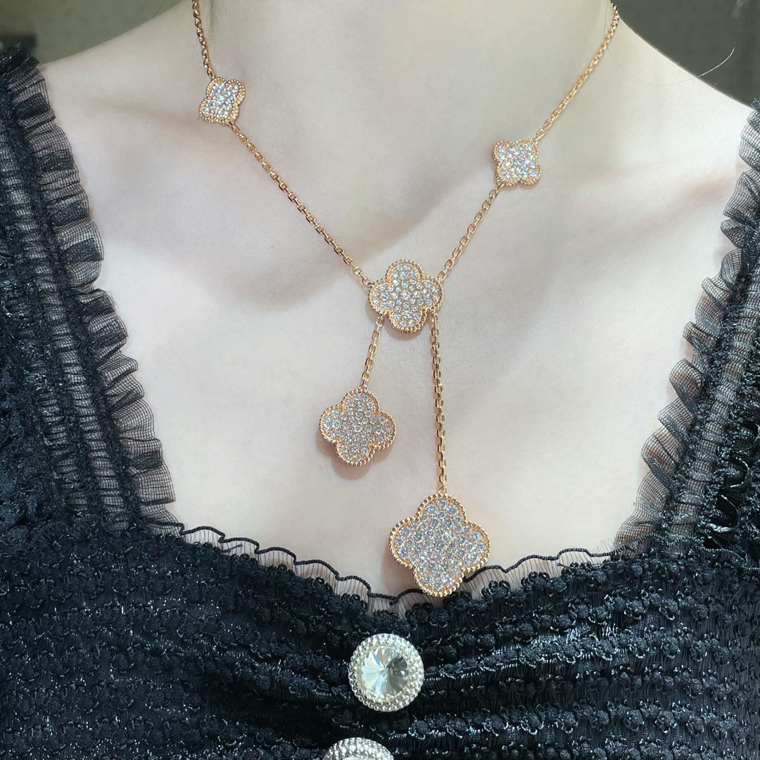 [⭐Maelin]CLOVER 6 MOTIF DIAMOND PAVED NECKLACE