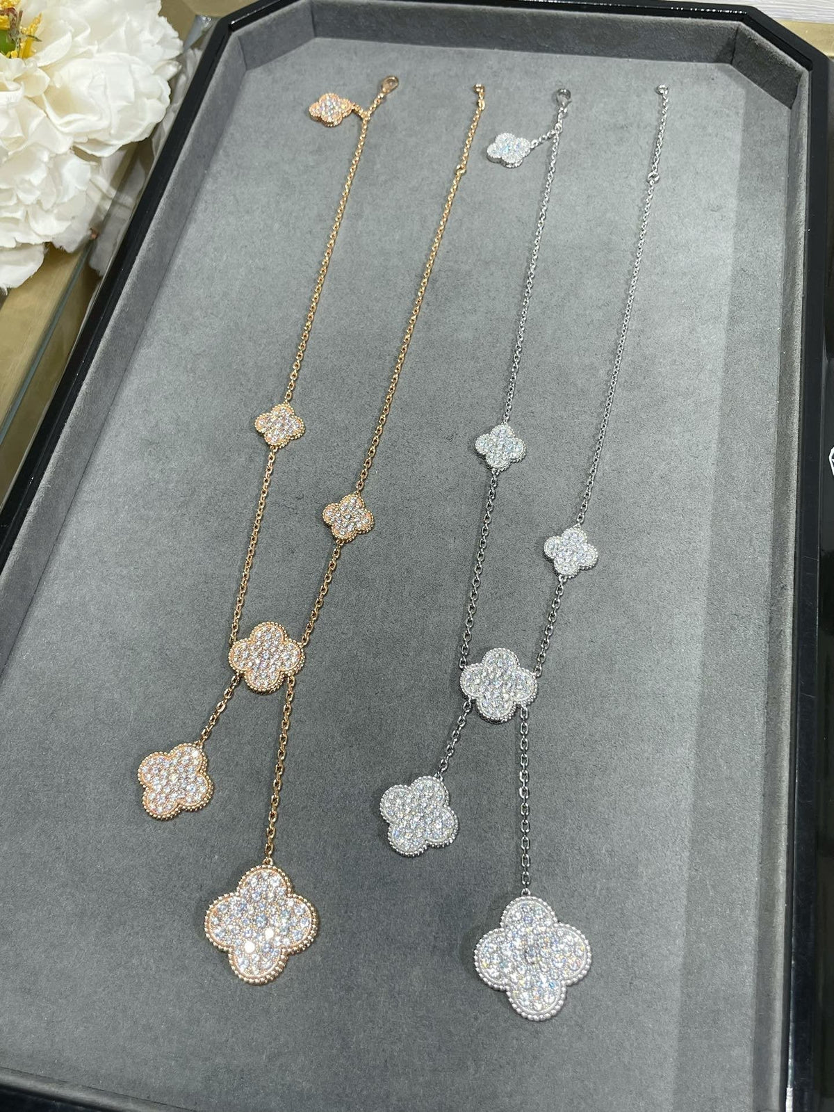 [⭐Maelin]CLOVER 6 MOTIF DIAMOND PAVED NECKLACE