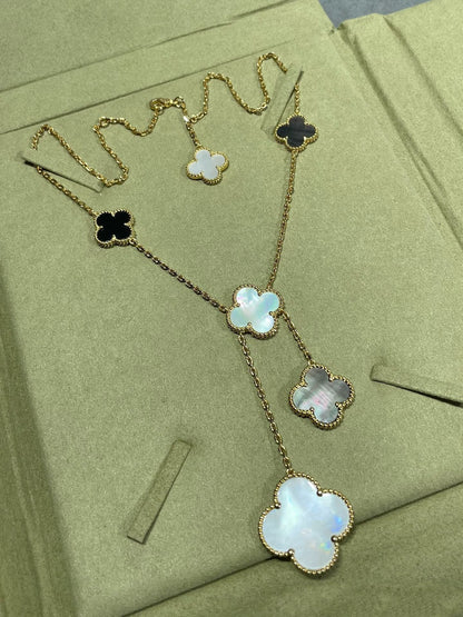 [⭐Maelin]CLOVER 6 MOTIF MOP ONYX GOLD NECKLACE