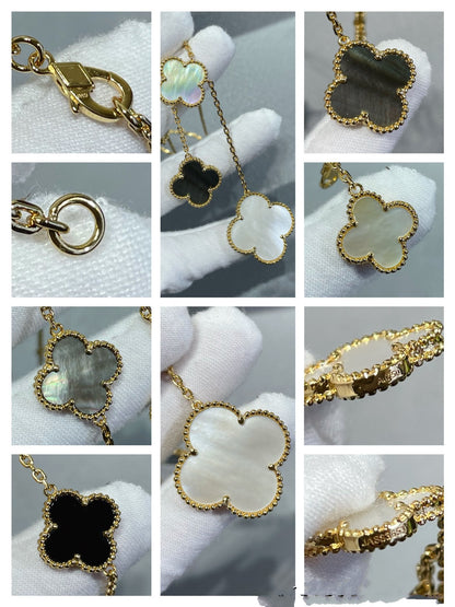 [⭐Maelin]CLOVER 6 MOTIF MOP ONYX GOLD NECKLACE