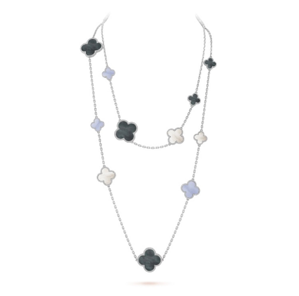 [⭐Maelin]CLOVER 16 MOTIF CHALCEDONY MOP SILVER NECKLACE