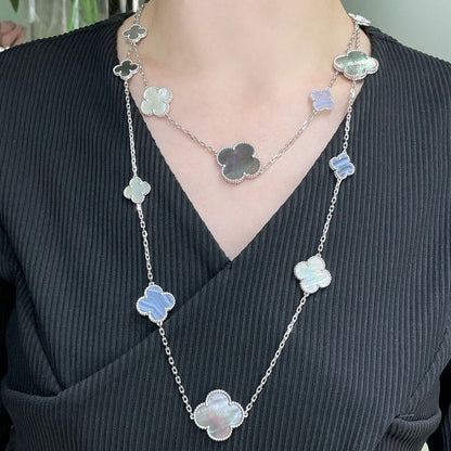 [⭐Maelin]CLOVER 16 MOTIF CHALCEDONY MOP SILVER NECKLACE