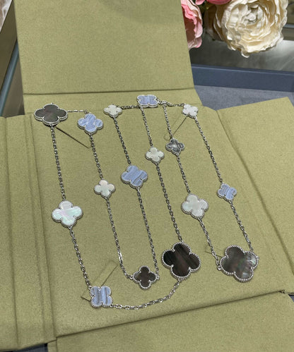 [⭐Maelin]CLOVER 16 MOTIF CHALCEDONY MOP SILVER NECKLACE