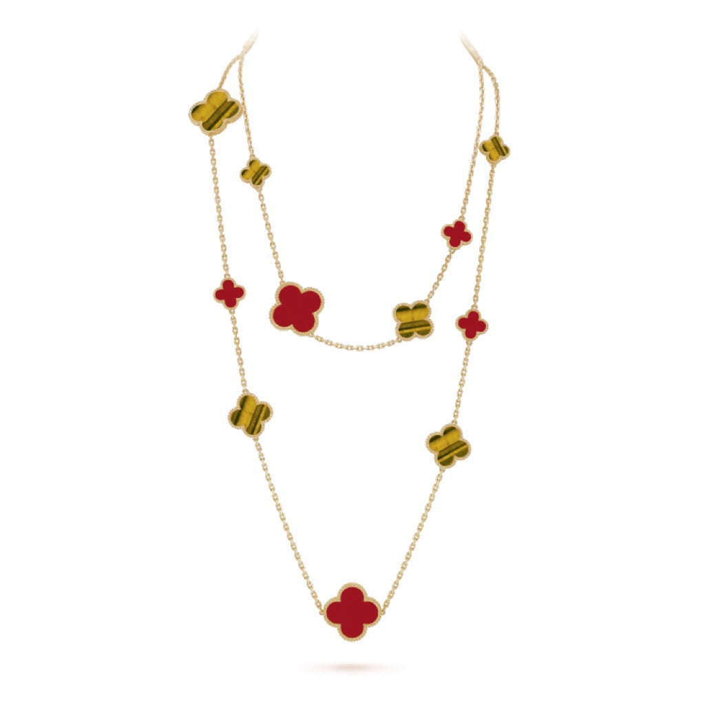 [⭐Maelin]CLOVER 16 MOTIF CARNELIAN TIGER EYE ROSE GOLD NECKLACE