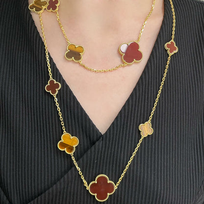 [⭐Maelin]CLOVER 16 MOTIF CARNELIAN TIGER EYE ROSE GOLD NECKLACE