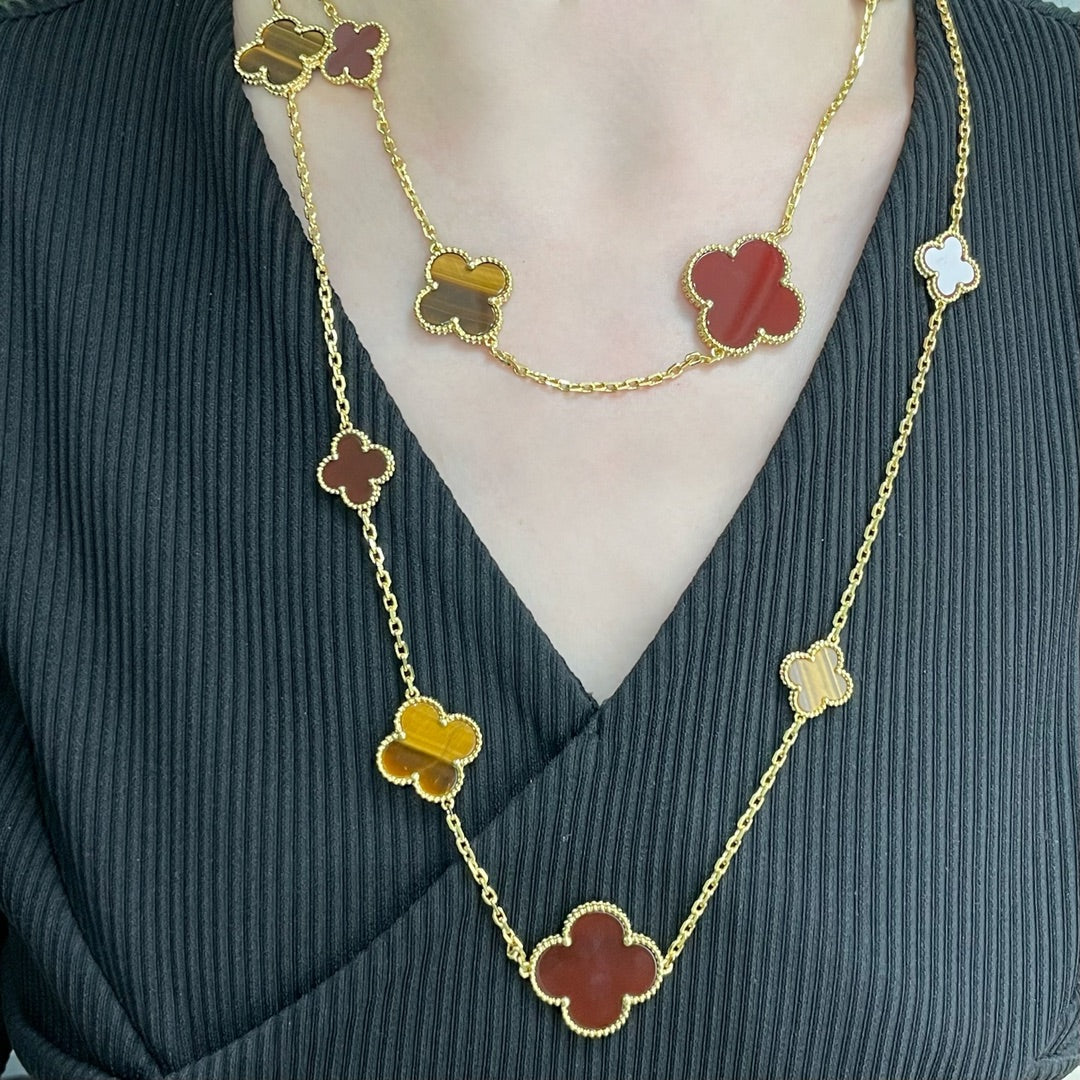 [⭐Maelin]CLOVER 16 MOTIF CARNELIAN TIGER EYE ROSE GOLD NECKLACE