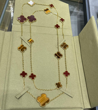 [⭐Maelin]CLOVER 16 MOTIF CARNELIAN TIGER EYE ROSE GOLD NECKLACE