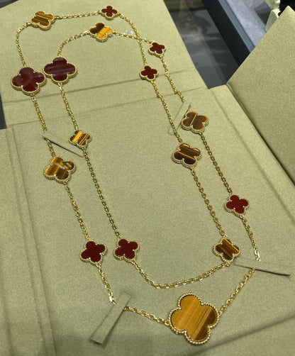 [⭐Maelin]CLOVER 16 MOTIF CARNELIAN TIGER EYE ROSE GOLD NECKLACE