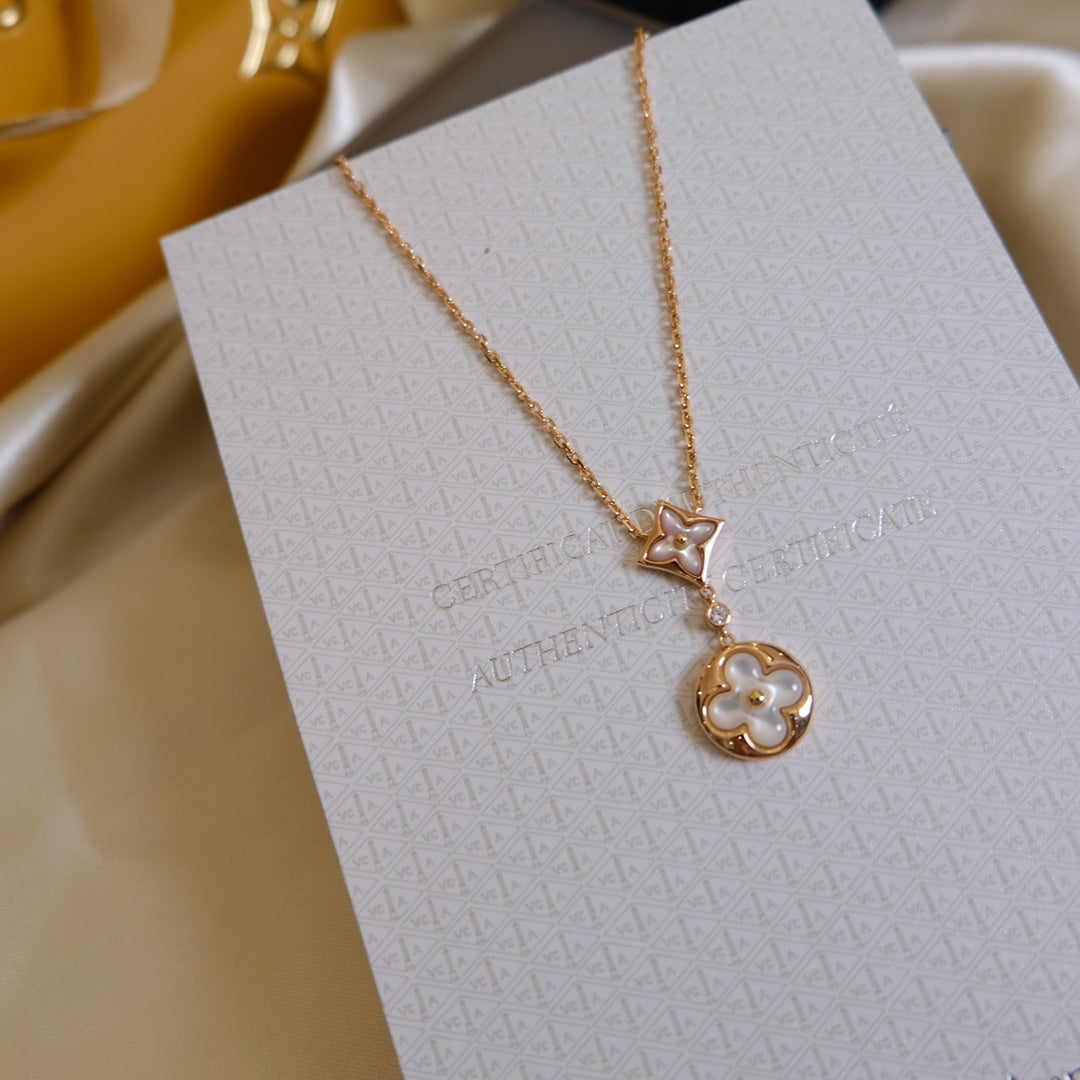 [⭐Maelin]STAR AND SUN WHITE MOP 2 MOTIF PINK GOLD NECKLACE
