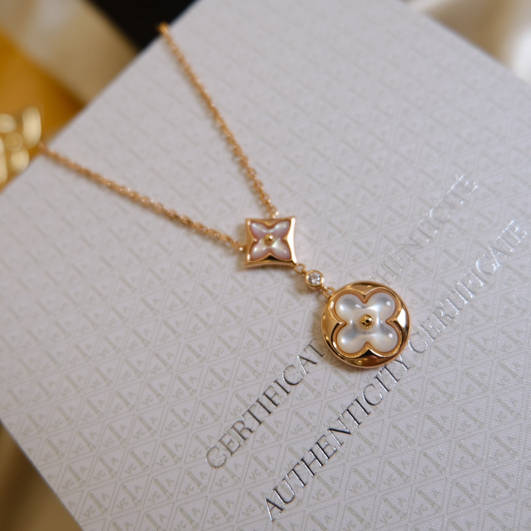 [⭐Maelin]STAR AND SUN WHITE MOP 2 MOTIF PINK GOLD NECKLACE