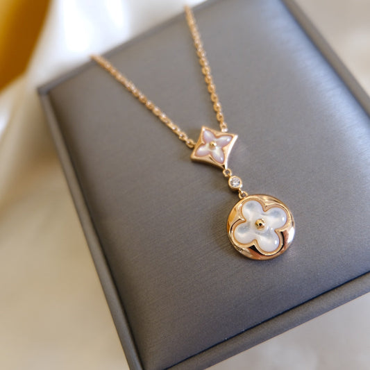 [⭐Maelin]STAR AND SUN WHITE MOP 2 MOTIF PINK GOLD NECKLACE
