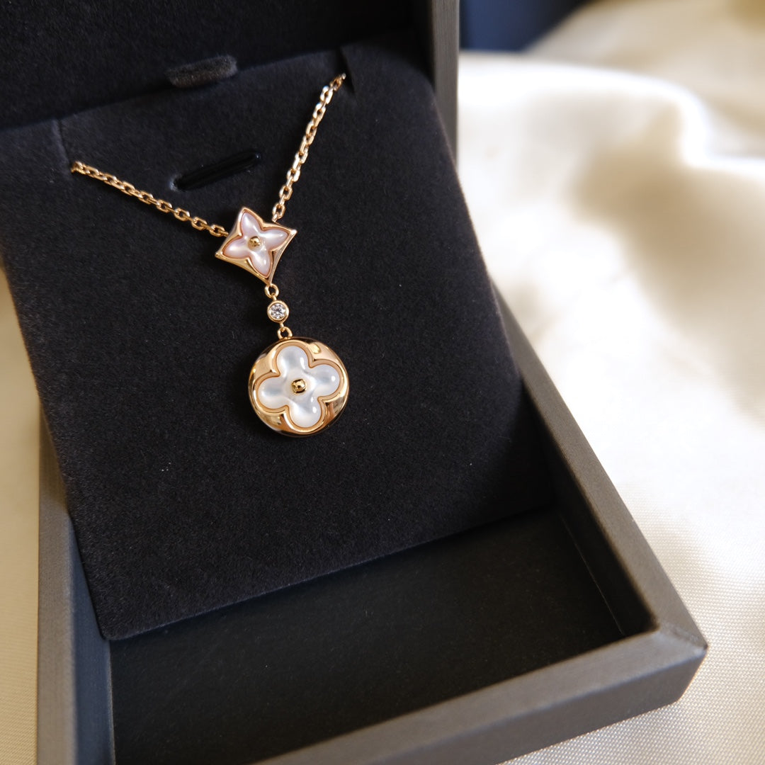 [⭐Maelin]STAR AND SUN WHITE MOP 2 MOTIF PINK GOLD NECKLACE