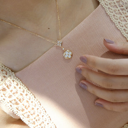 [⭐Maelin]STAR AND SUN WHITE MOP 2 MOTIF PINK GOLD NECKLACE