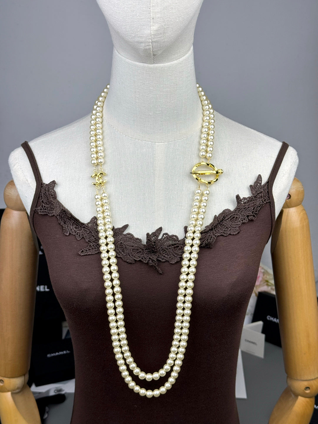[⭐Maelin]25K Pencil Double C Double-Layer Pearl Sweater Chain