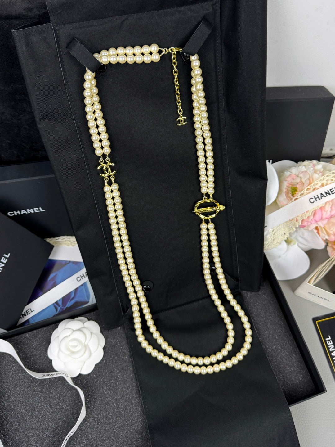 [⭐Maelin]25K Pencil Double C Double-Layer Pearl Sweater Chain