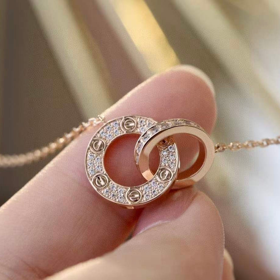 [⭐Maelin]LOVE 7.6MM NECKLACE ROSE GOLD AND SILVER  FULL DIAMOND