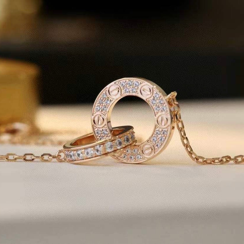 [⭐Maelin]LOVE 7.6MM NECKLACE ROSE GOLD AND SILVER  FULL DIAMOND