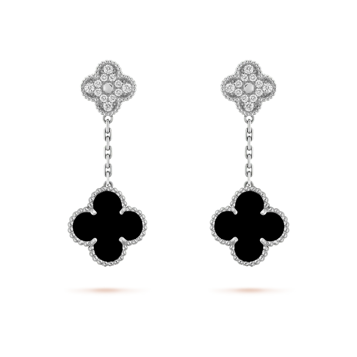[⭐Maelin]CLOVER 2 MOTIFS  DIAMOND ONYX EARRINGS SILVER