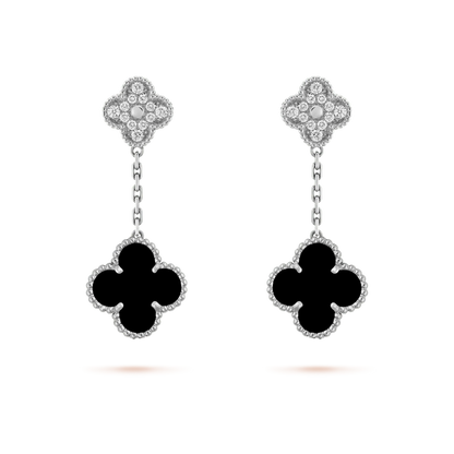 [⭐Maelin]CLOVER 2 MOTIFS  DIAMOND ONYX EARRINGS SILVER