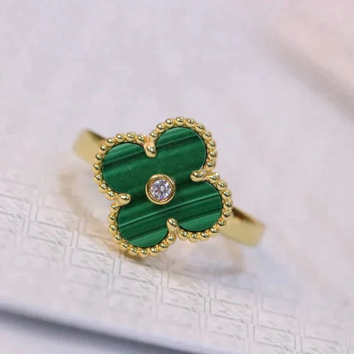 [⭐Maelin]CLOVER MALACHITE RING GOLD DIAMOND