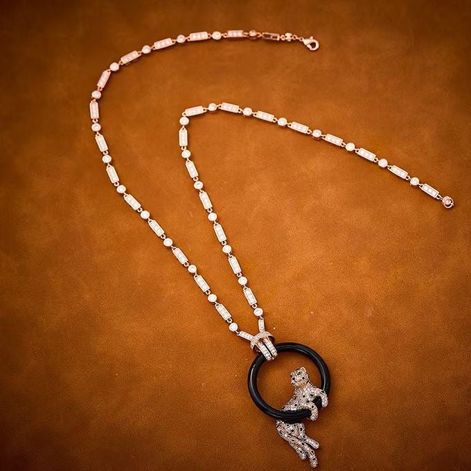 [⭐Maelin jewelrys]NEW BLACK CIRCLE PANTHER FULL DIAMOND NECKLACE