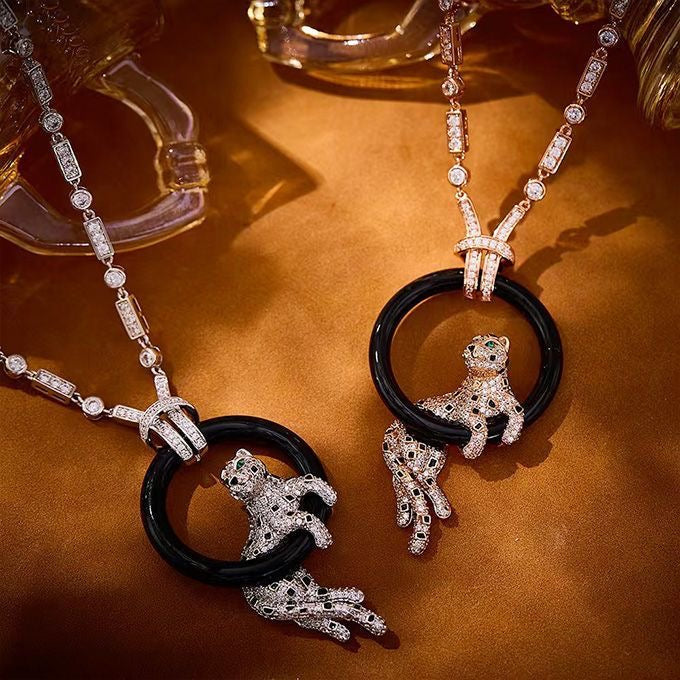 [⭐Maelin jewelrys]NEW BLACK CIRCLE PANTHER FULL DIAMOND NECKLACE