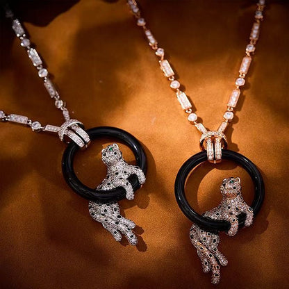 [⭐Maelin jewelrys]NEW BLACK CIRCLE PANTHER FULL DIAMOND NECKLACE