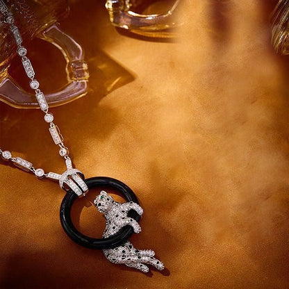 [⭐Maelin jewelrys]NEW BLACK CIRCLE PANTHER FULL DIAMOND NECKLACE
