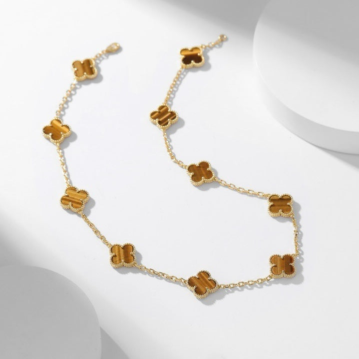 [⭐Maelin]CLOVER 10 MOTIFS TIGER EYE NECKLACE
